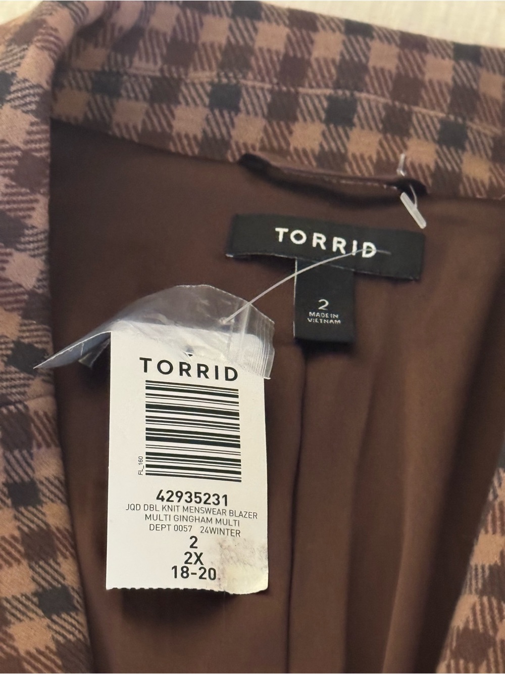 Torrid Brown Gingham Menswear Blazer Size 2 2X NWT Plaid Jacket - Picture 3 of 10